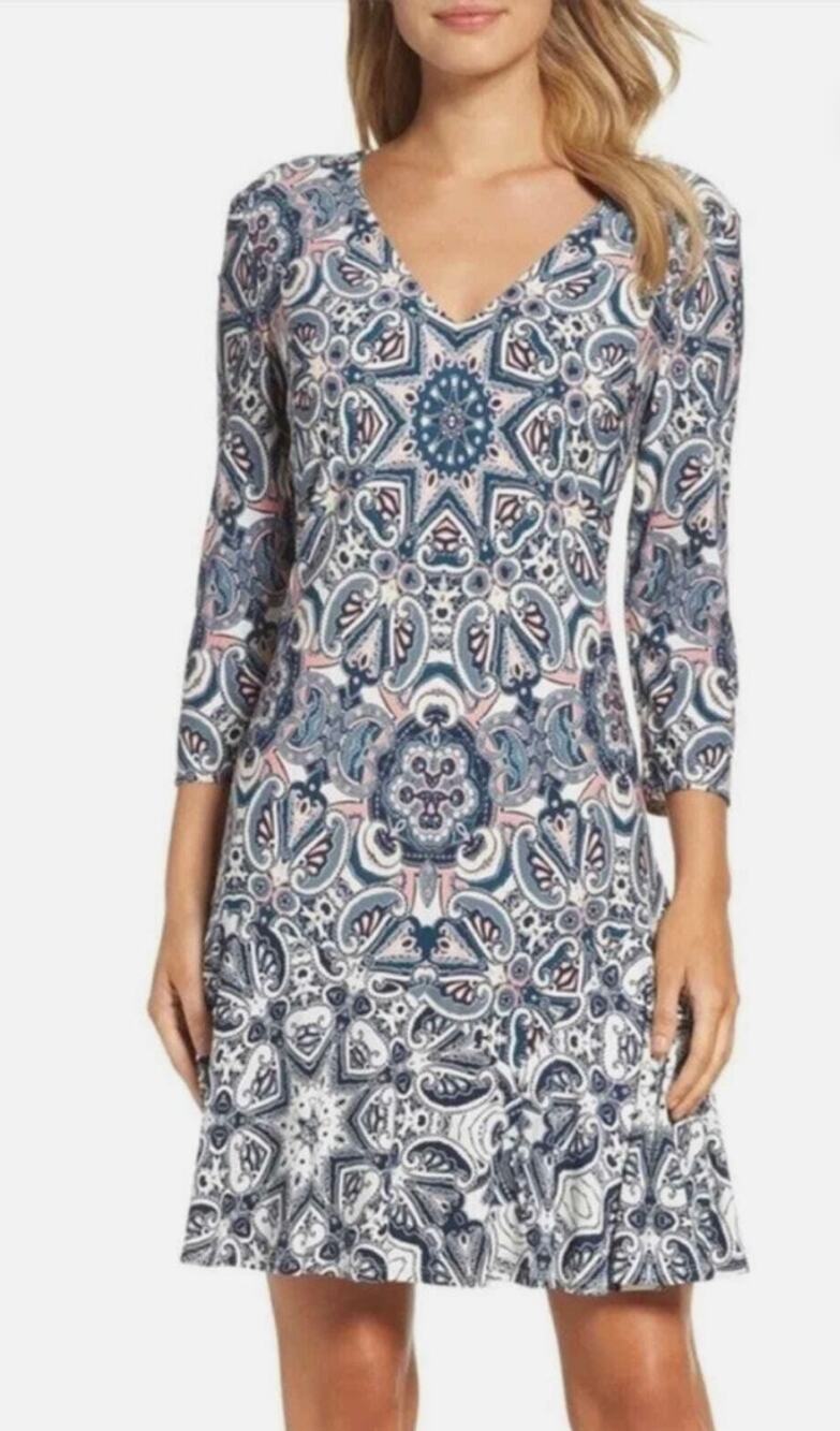 Eliza J Blue Pink Medallion Paisley Floral V-neck Flouncy Stretch Knit Dress 16